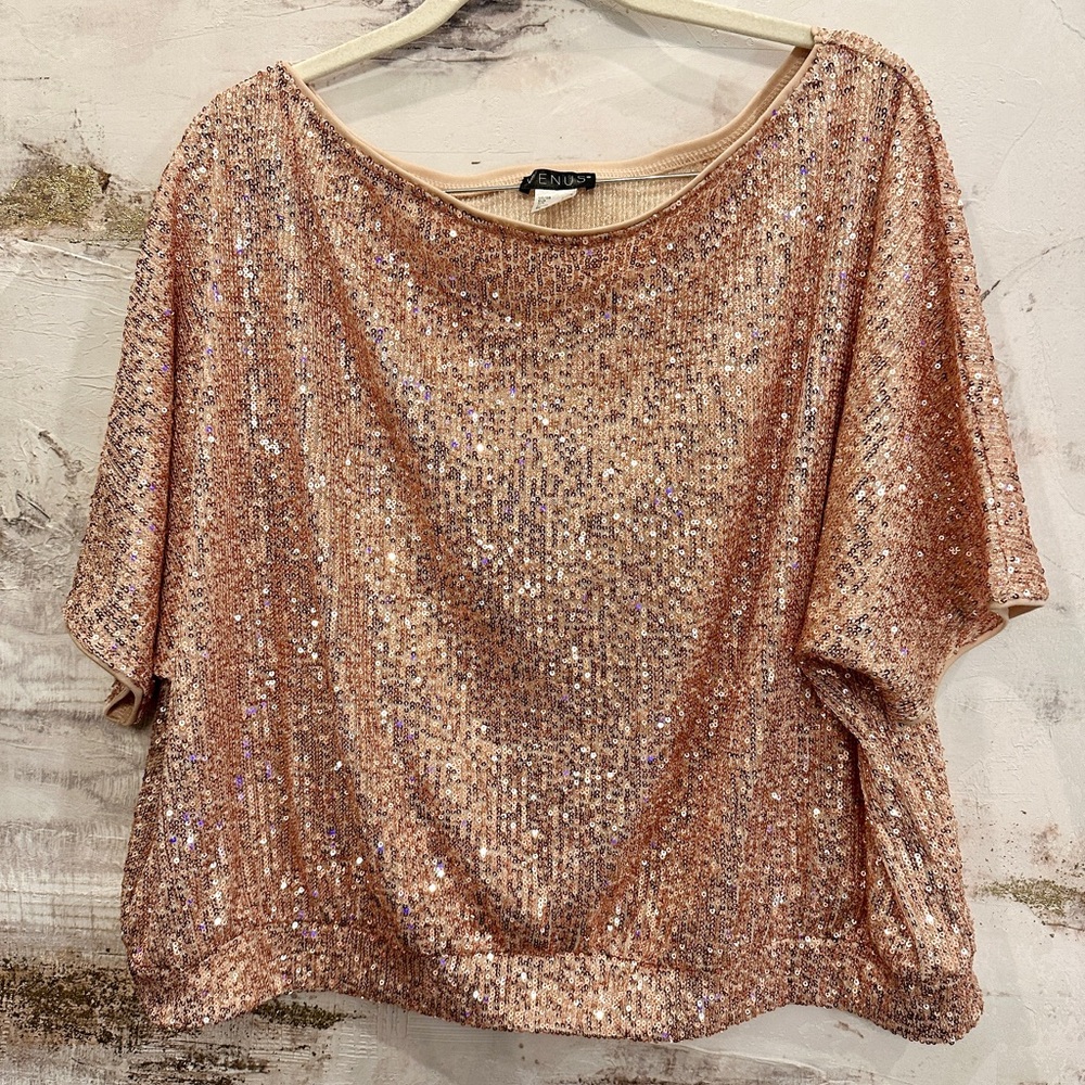 VENUS Rose Gold Sequin Blouse Size 1X Micro Sequin Ragland Sleeve